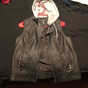 Hot Topic black studded pleather vest with grey hood
